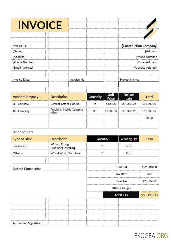 Modèle de facture de devis de construction
